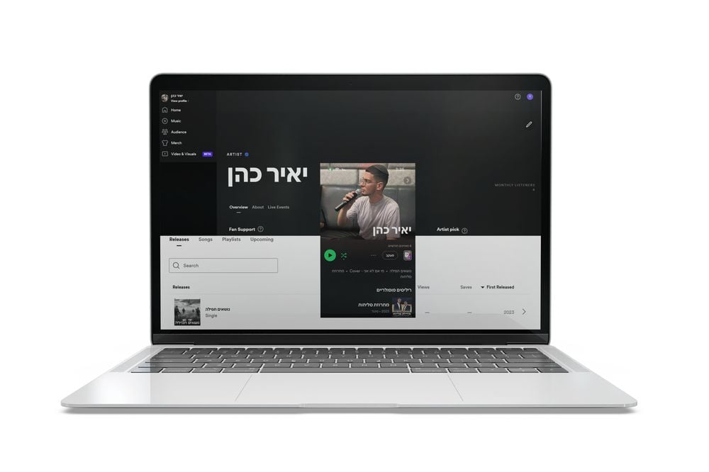 עמוד ניהול אמן ב-Spotify for Artists עם סטטיסטיקות ומעקב האזנות
